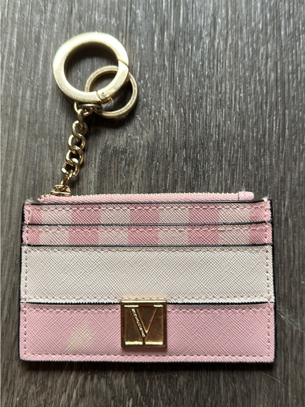 VSPINK Pink and Cream coin and Card Holder Keychain with Gold Hardware